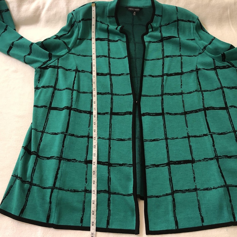Ming Wang Cardigan Sweater Womens 2X Green Black Grid Check Knit Open Front - Picture 11 of 12